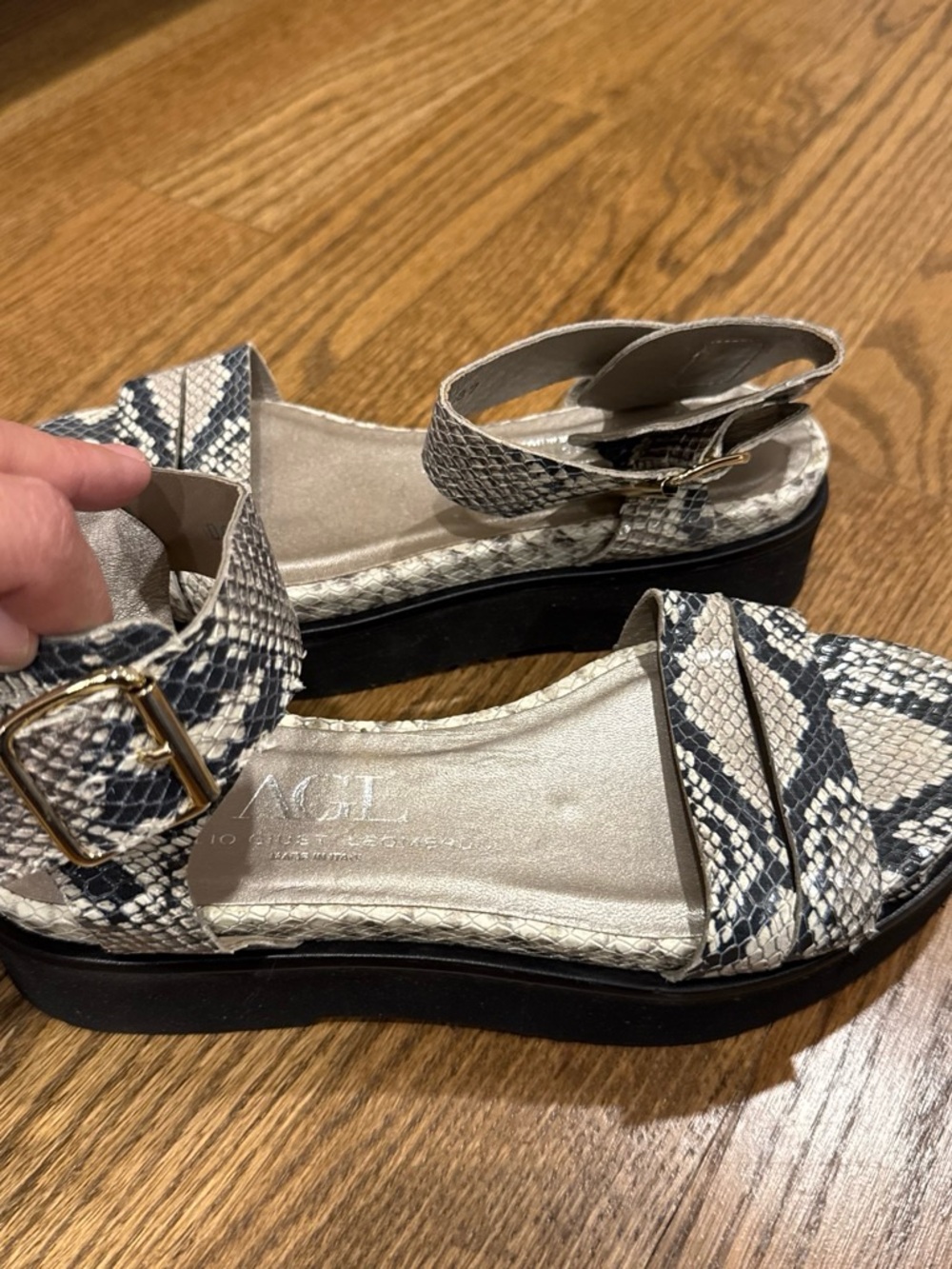 AGL Beige and Black Snake-Print Ankle Strap Platform Sandals